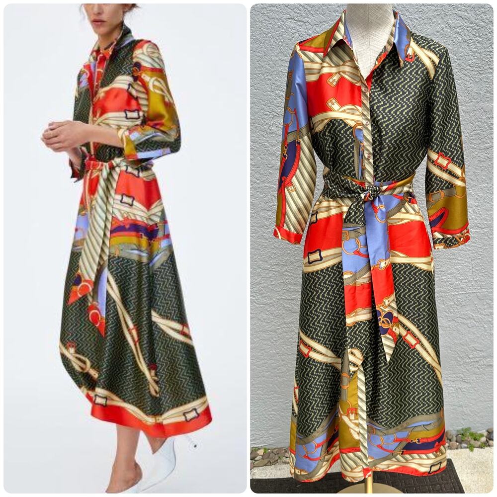 ZARA Scarf Print Satin Long Sleeve Button Down Shirt Dress Sz M